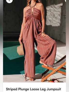 Cupshe Striped Plunge Wide-Leg Jumpsuit in Burnt Orange Stripe
